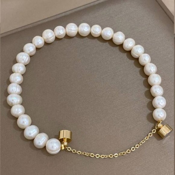 Zara Gold Irregular Baroque Keshi Pearls White Freshwater Pearl Chain Bracelet - Picture 10 of 16